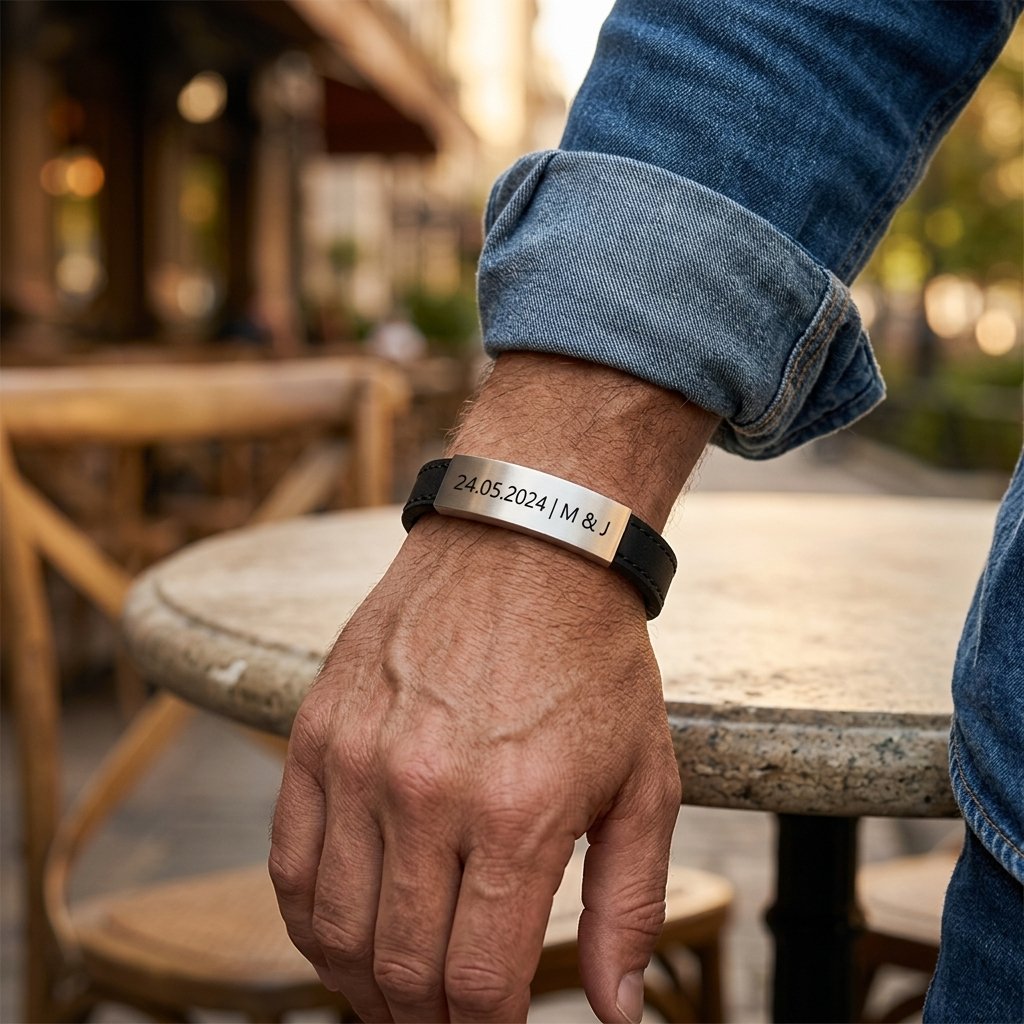 Læderarmbånd til ham med personlig gravering på stålplade