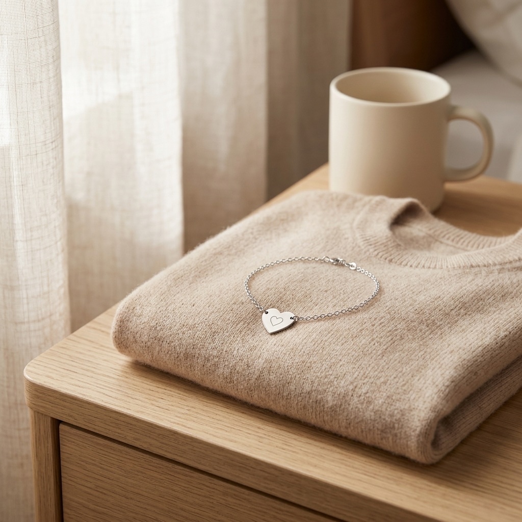 Sølvarmbånd med graveret dato på cashmere-trøje