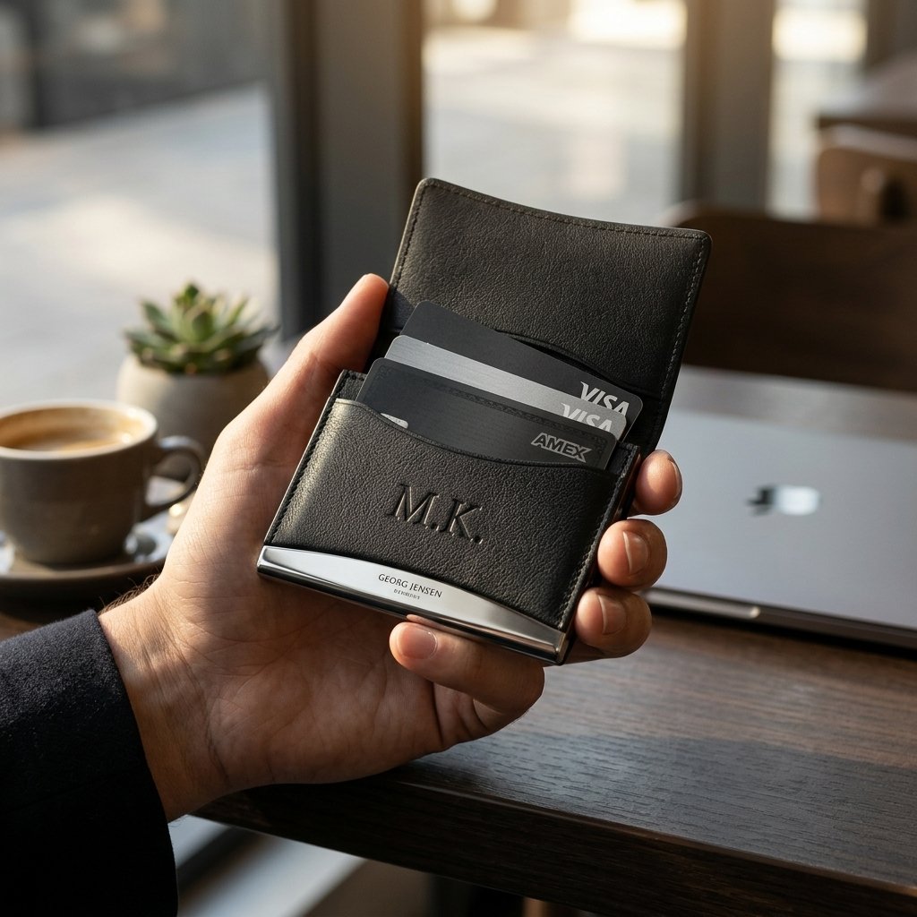 Georg Jensen KONNO kortholder i sort læder med graveret monogram
