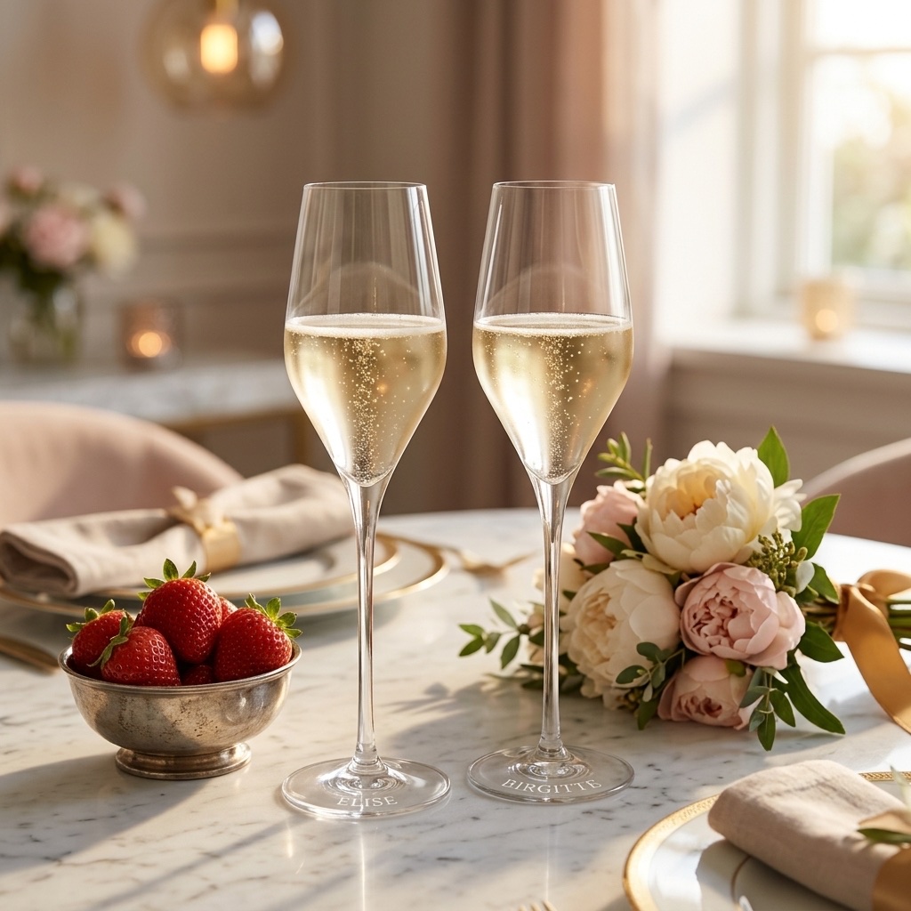 To graverede champagneglas på marmor med jordbær og pæoner