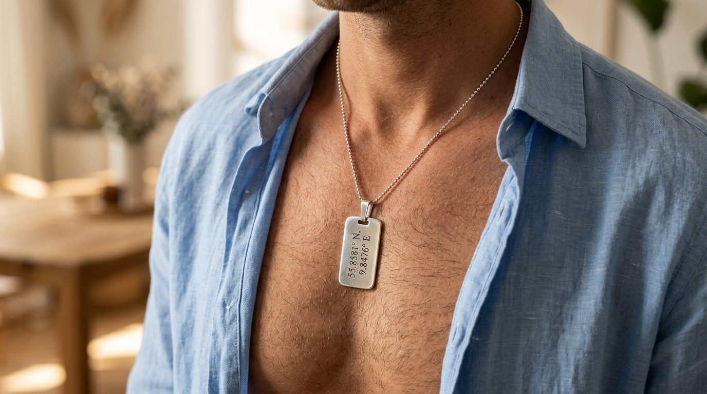 Dogtag i sølv med graverede koordinater