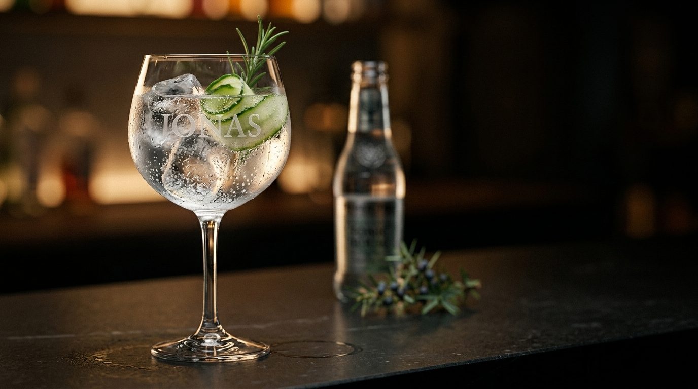 Gin tonic-glas med navnegravering og agurk