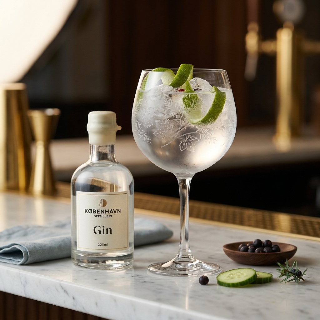 Gin tonic i graveret glas med agurk og enebær på marmor-bar