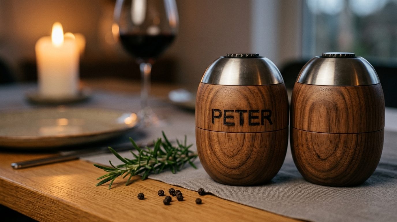 Træ-peberkværn med navnegravering på dækket bord