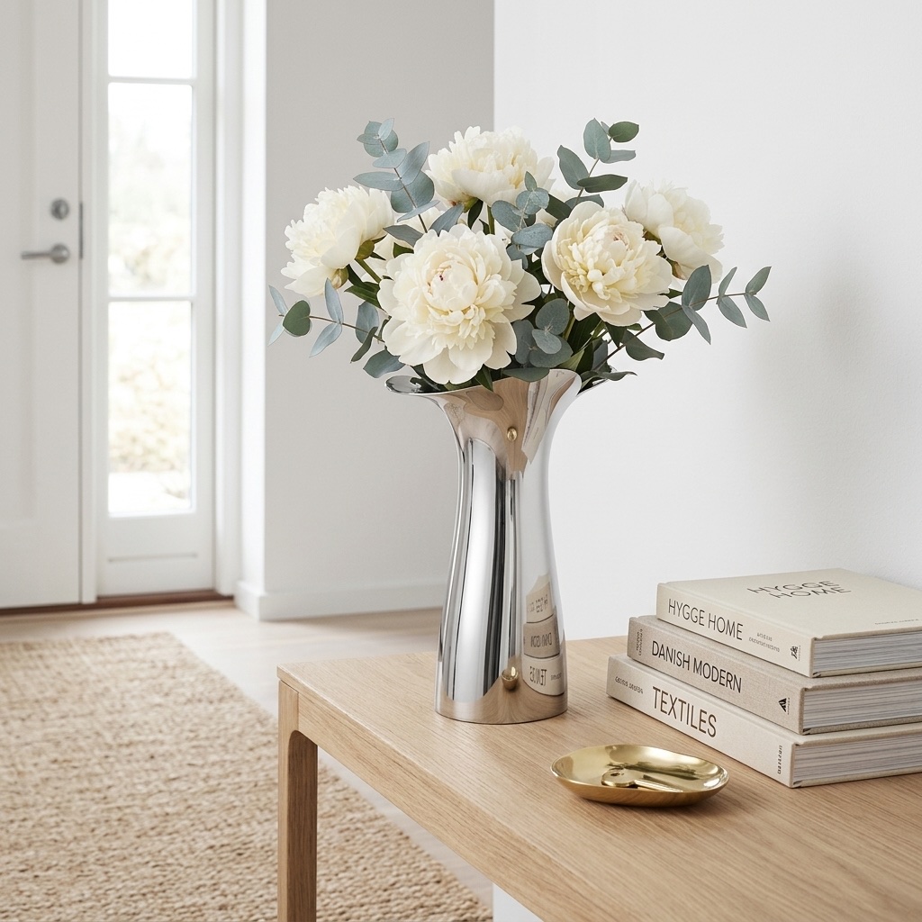 Vase med pæoner og eukalyptus på dansk konsolbord med designbøger