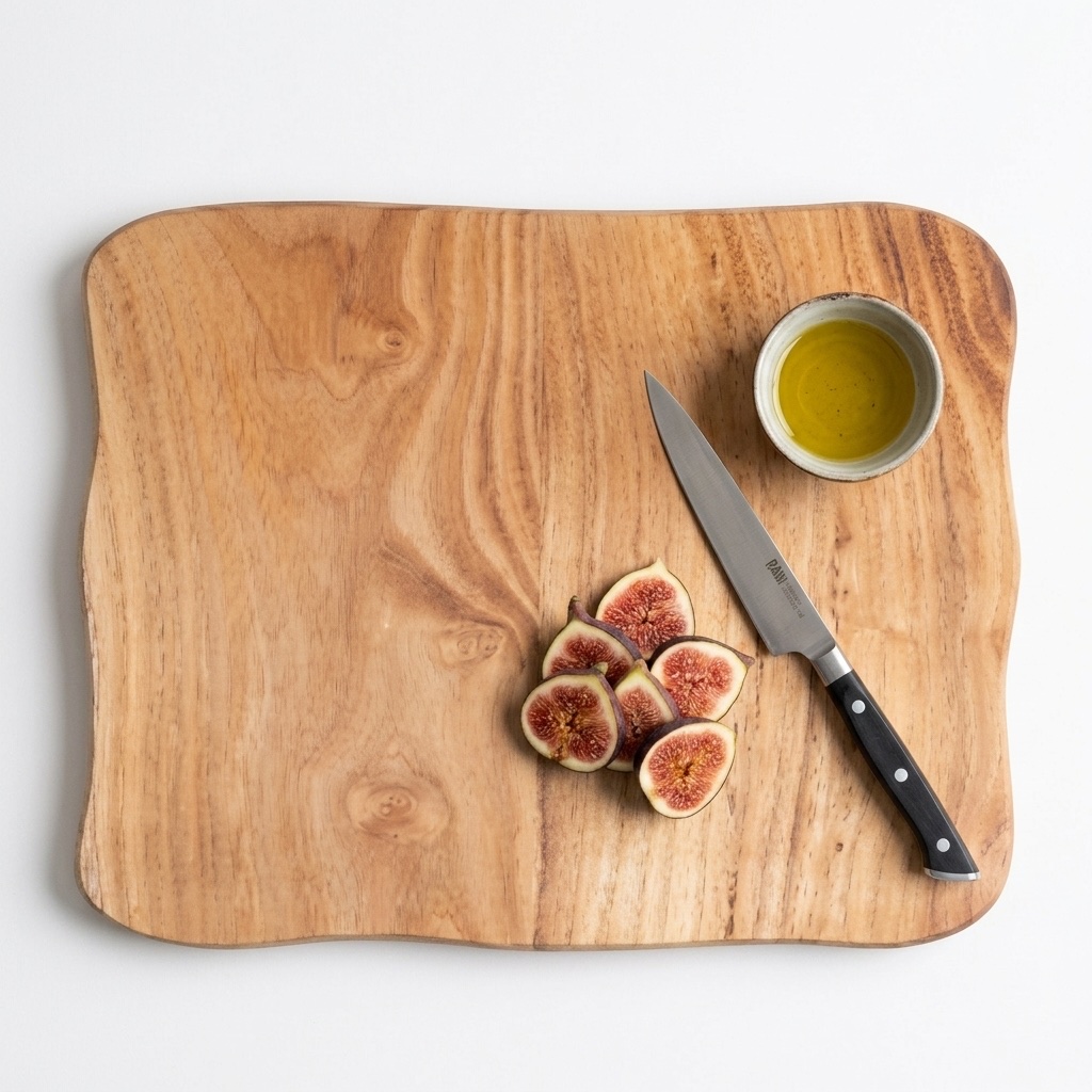 Teak skærebræt med graveret monogram, surdejsbrød og figner