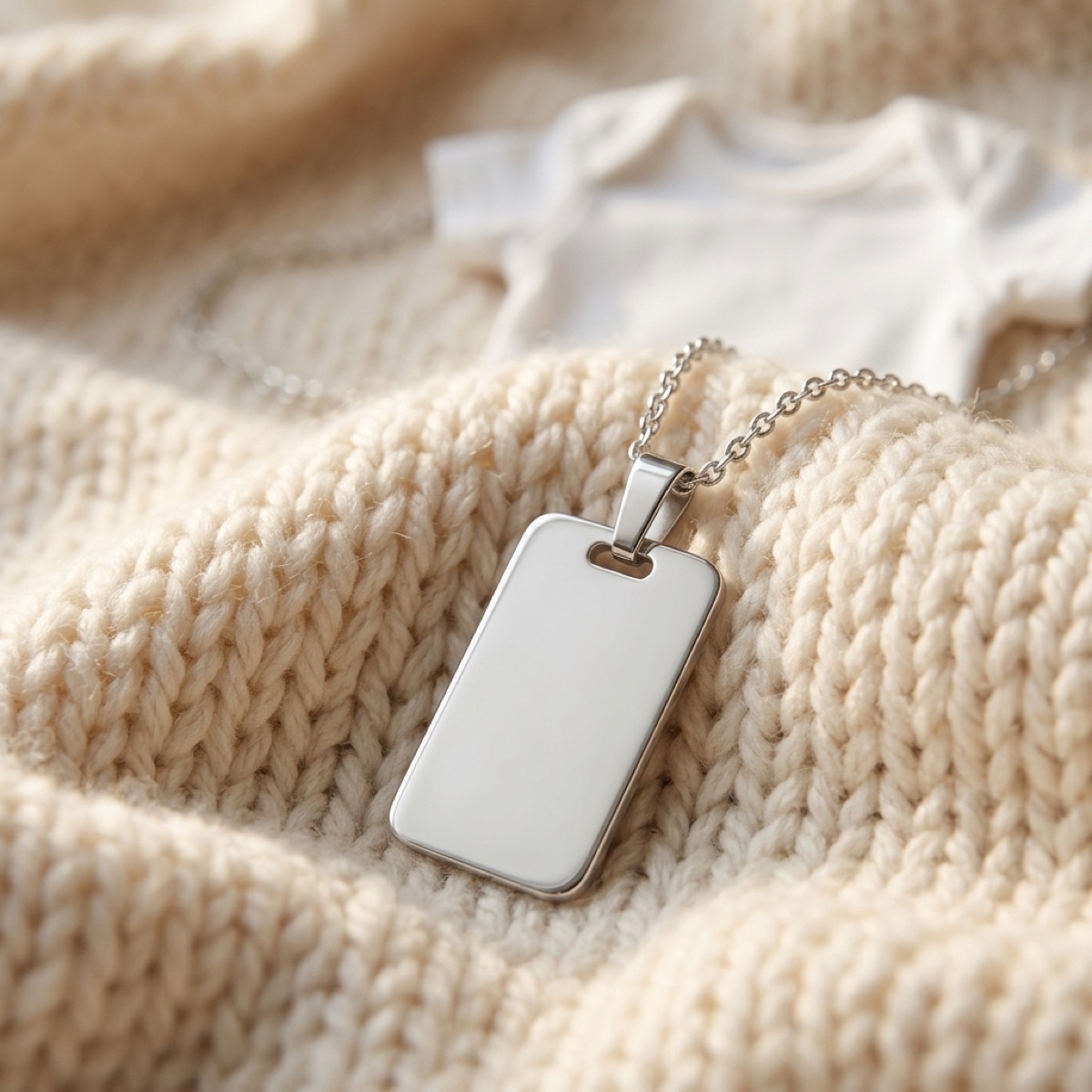 Dogtag-halskæde i sølv til ny far, liggende på en lys babytæppe ved siden af en hvid babybody