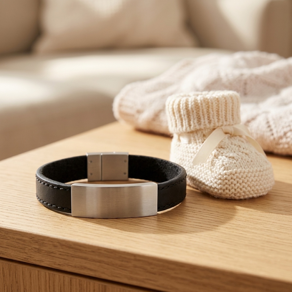 Sort læderarmbånd til mænd med stålplade, liggende ved en strikket babysok