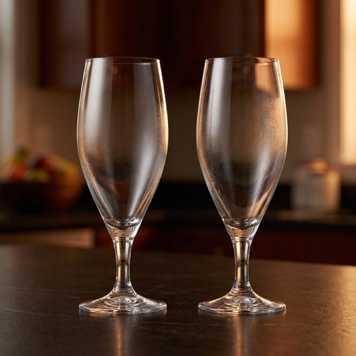 To ølglas med gravering på et køkkenbord i varmt aftenlys